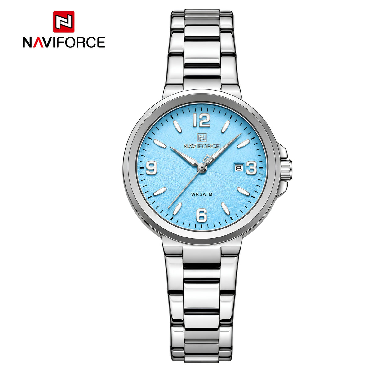 Naviforce Reloj Analógico Plateado con Esfera Azul y Correa de Acero Inoxidable, Diámetro de 34 mm, Cristal Mineral Endurecido, Calendario y Resistencia al Agua 3 ATM.