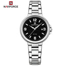 Naviforce Reloj Analógico Plateado con Esfera Negra y Correa de Acero Inoxidable, Diámetro de 34 mm, Cristal Mineral Endurecido, Calendario y Resistencia al Agua 3 ATM.