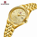 Naviforce Reloj Analógico Dorado con Correa de Acero Inoxidable, Diámetro de 35 mm, Cristal Mineral Endurecido, Calendario y Resistencia al Agua 3 ATM.