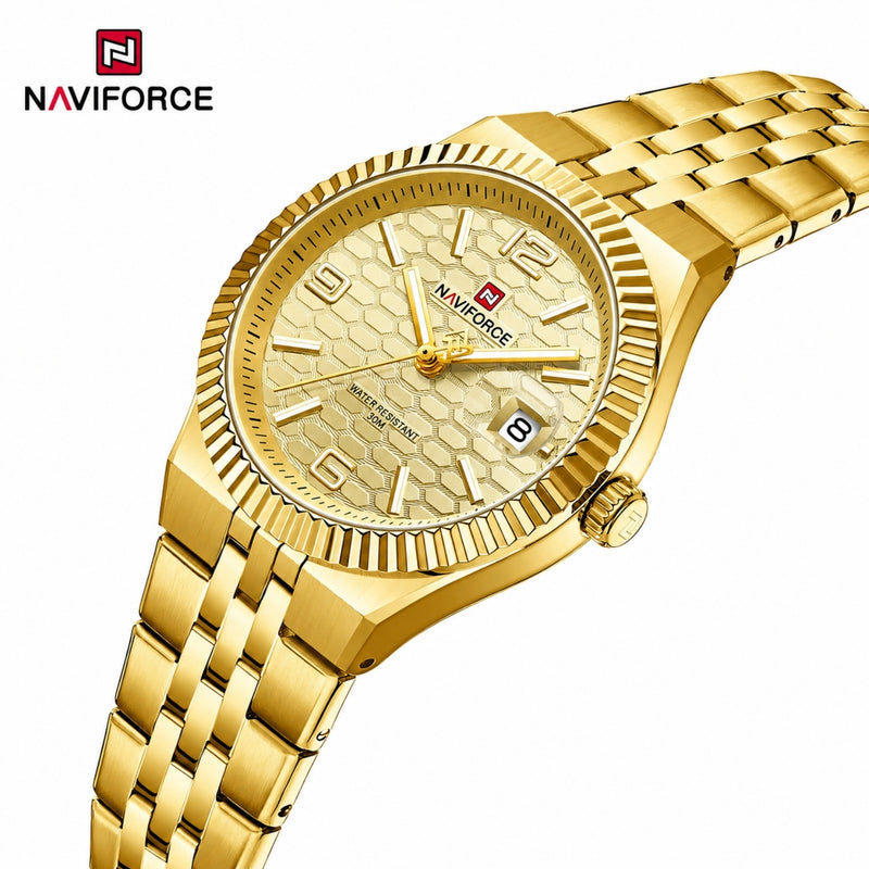 Naviforce Reloj Analógico Dorado con Correa de Acero Inoxidable, Diámetro de 35 mm, Cristal Mineral Endurecido, Calendario y Resistencia al Agua 3 ATM.