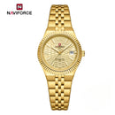 Naviforce Reloj Analógico Dorado con Correa de Acero Inoxidable, Diámetro de 35 mm, Cristal Mineral Endurecido, Calendario y Resistencia al Agua 3 ATM.
