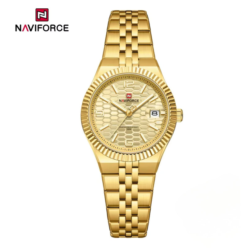 Naviforce Reloj Analógico Dorado con Correa de Acero Inoxidable, Diámetro de 35 mm, Cristal Mineral Endurecido, Calendario y Resistencia al Agua 3 ATM.