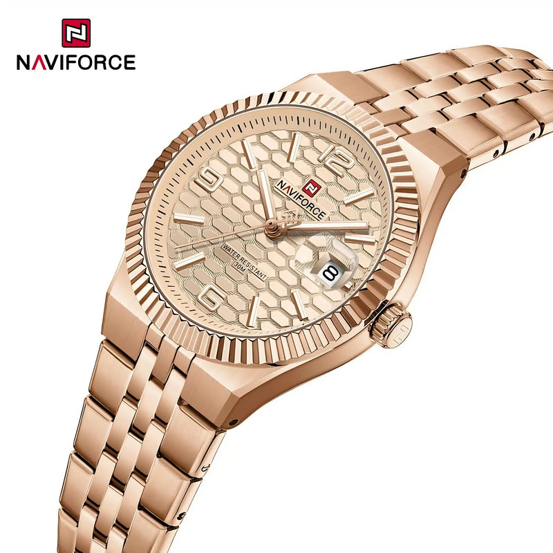 Naviforce Reloj Analógico Rose Gold con Correa de Acero Inoxidable, Diámetro de 35 mm, Cristal Mineral Endurecido, Calendario y Resistencia al Agua 3 ATM.