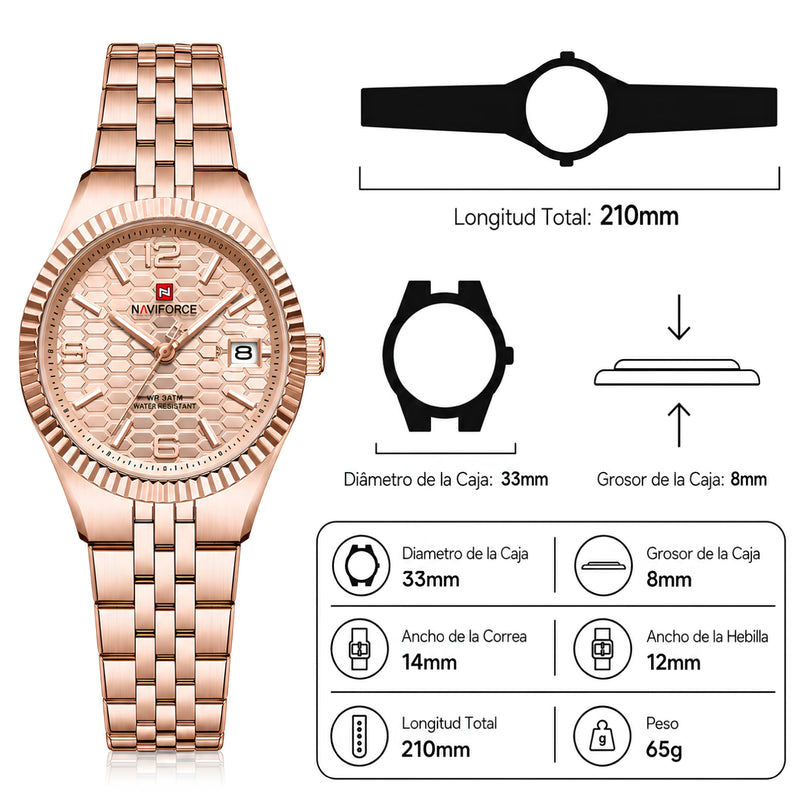 Naviforce Reloj Analógico Rose Gold con Correa de Acero Inoxidable, Diámetro de 35 mm, Cristal Mineral Endurecido, Calendario y Resistencia al Agua 3 ATM.
