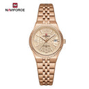 Naviforce Reloj Analógico Rose Gold con Correa de Acero Inoxidable, Diámetro de 35 mm, Cristal Mineral Endurecido, Calendario y Resistencia al Agua 3 ATM.
