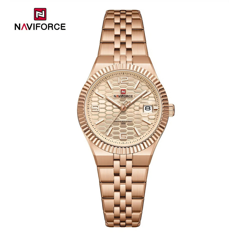Naviforce Reloj Analógico Rose Gold con Correa de Acero Inoxidable, Diámetro de 35 mm, Cristal Mineral Endurecido, Calendario y Resistencia al Agua 3 ATM.