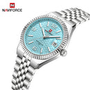 Naviforce Reloj Analógico Plateado con Esfera Azul y Correa de Acero Inoxidable, Diámetro de 35 mm, Cristal Mineral Endurecido, Calendario y Resistencia al Agua 3 ATM.
