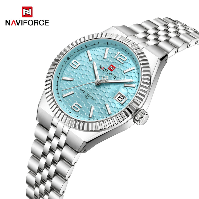 Naviforce Reloj Analógico Plateado con Esfera Azul y Correa de Acero Inoxidable, Diámetro de 35 mm, Cristal Mineral Endurecido, Calendario y Resistencia al Agua 3 ATM.