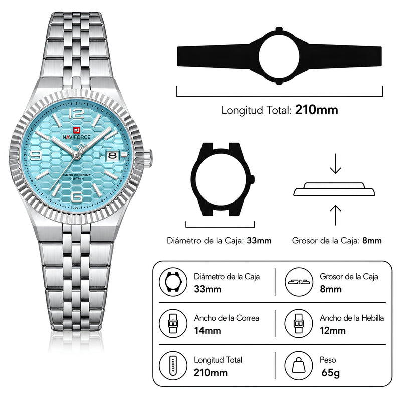 Naviforce Reloj Analógico Plateado con Esfera Azul y Correa de Acero Inoxidable, Diámetro de 35 mm, Cristal Mineral Endurecido, Calendario y Resistencia al Agua 3 ATM.