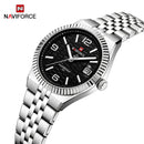 Naviforce Reloj Analógico Plateado con Esfera Negra y Correa de Acero Inoxidable, Diámetro de 35 mm, Cristal Mineral Endurecido, Calendario y Resistencia al Agua 3 ATM.