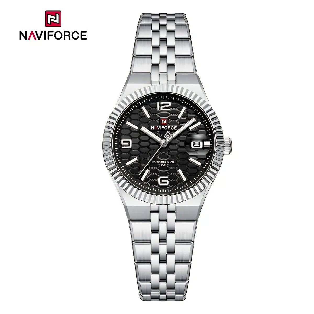 Naviforce Reloj Analógico Plateado con Esfera Negra y Correa de Acero Inoxidable, Diámetro de 35 mm, Cristal Mineral Endurecido, Calendario y Resistencia al Agua 3 ATM.