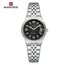 Naviforce Reloj Analógico Plateado con Esfera Negra y Correa de Acero Inoxidable, Diámetro de 35 mm, Cristal Mineral Endurecido, Calendario y Resistencia al Agua 3 ATM.