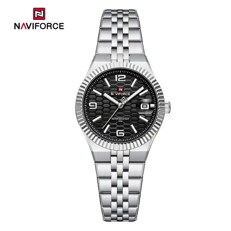 Naviforce Reloj Analógico Plateado con Esfera Negra y Correa de Acero Inoxidable, Diámetro de 35 mm, Cristal Mineral Endurecido, Calendario y Resistencia al Agua 3 ATM.
