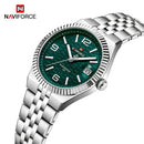Naviforce Reloj Analógico Plateado con Esfera Verde y Correa de Acero Inoxidable, Diámetro de 35 mm, Cristal Mineral Endurecido, Calendario y Resistencia al Agua 3 ATM.
