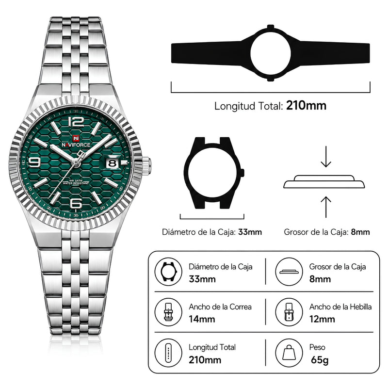 Naviforce Reloj Analógico Plateado con Esfera Verde y Correa de Acero Inoxidable, Diámetro de 35 mm, Cristal Mineral Endurecido, Calendario y Resistencia al Agua 3 ATM.
