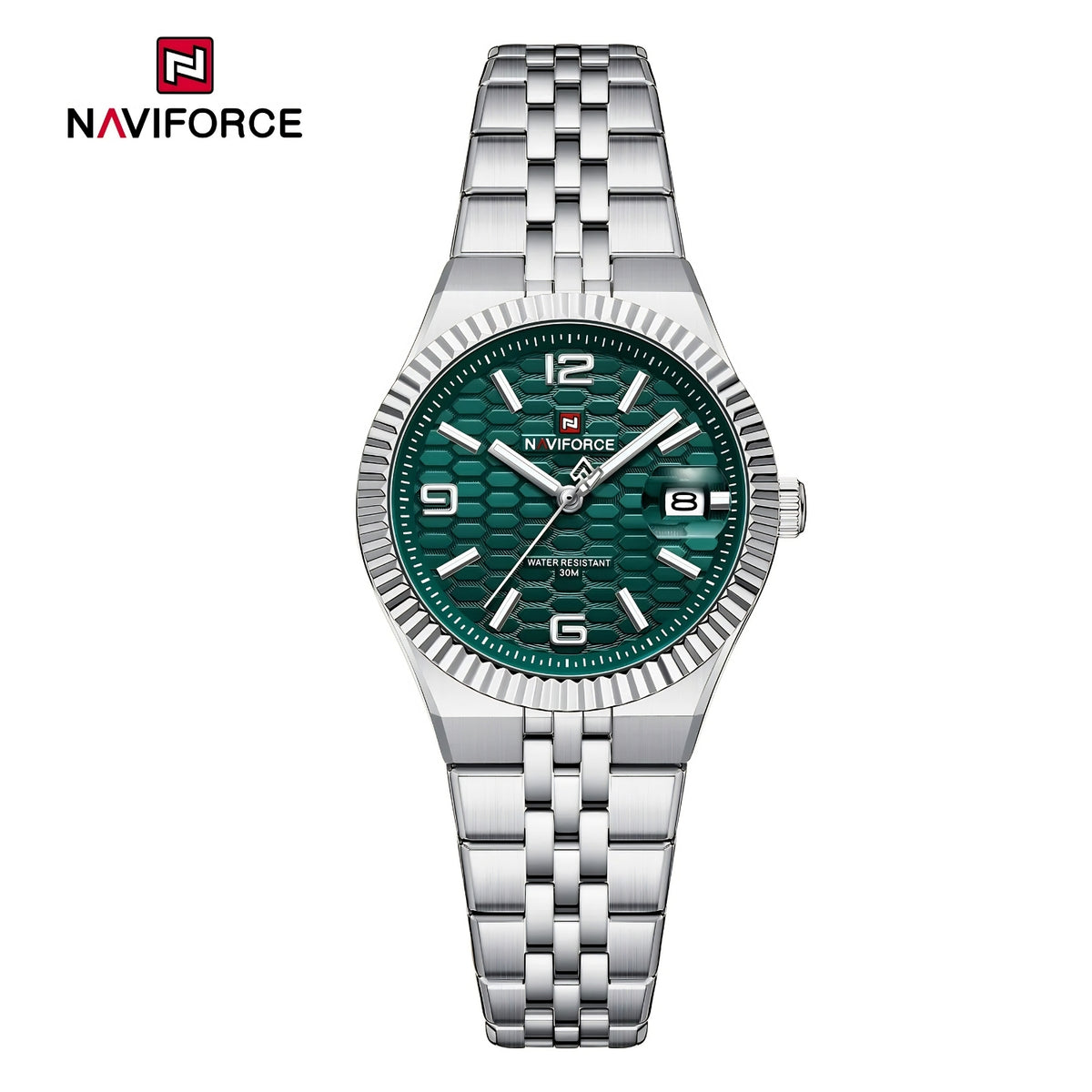 Naviforce Reloj Analógico Plateado con Esfera Verde y Correa de Acero Inoxidable, Diámetro de 35 mm, Cristal Mineral Endurecido, Calendario y Resistencia al Agua 3 ATM.