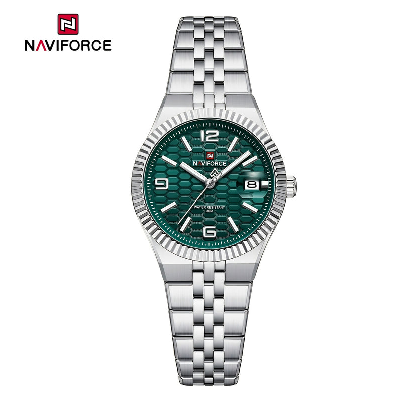 Naviforce Reloj Analógico Plateado con Esfera Verde y Correa de Acero Inoxidable, Diámetro de 35 mm, Cristal Mineral Endurecido, Calendario y Resistencia al Agua 3 ATM.