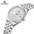 Naviforce Reloj Analógico Plateado con Esfera Blanca y Correa de Acero Inoxidable, Diámetro de 35 mm, Cristal Mineral Endurecido, Calendario y Resistencia al Agua 3 ATM.
