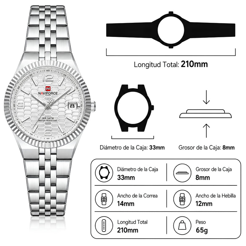 Naviforce Reloj Analógico Plateado con Esfera Blanca y Correa de Acero Inoxidable, Diámetro de 35 mm, Cristal Mineral Endurecido, Calendario y Resistencia al Agua 3 ATM.