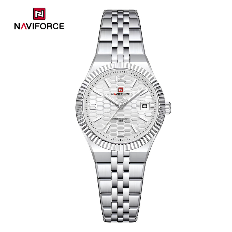 Naviforce Reloj Analógico Plateado con Esfera Blanca y Correa de Acero Inoxidable, Diámetro de 35 mm, Cristal Mineral Endurecido, Calendario y Resistencia al Agua 3 ATM.