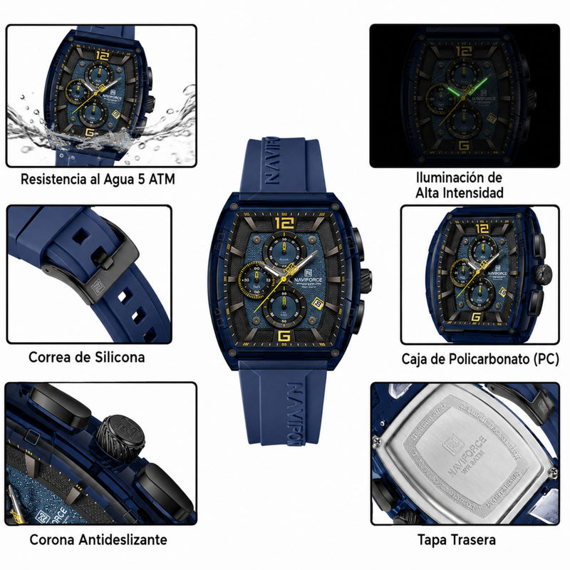 Naviforce Reloj Cronógrafo Azul con Detalles en Negro y Amarillo, Correa de Silicona, Diámetro de 45 mm, Cristal Acrílico HD y Resistencia al Agua 5 ATM.