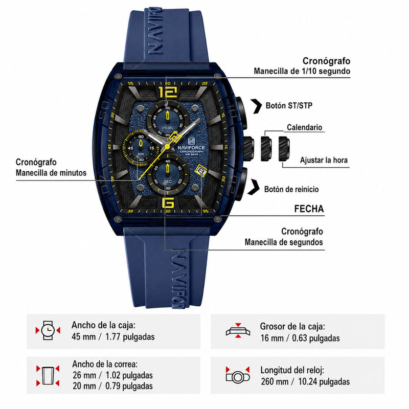 Naviforce Reloj Cronógrafo Azul con Detalles en Negro y Amarillo, Correa de Silicona, Diámetro de 45 mm, Cristal Acrílico HD y Resistencia al Agua 5 ATM.