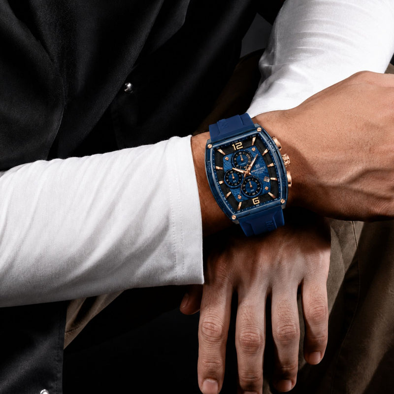 Naviforce Reloj Cronógrafo Azul con Detalles en Negro y Amarillo, Correa de Silicona, Diámetro de 45 mm, Cristal Acrílico HD y Resistencia al Agua 5 ATM.