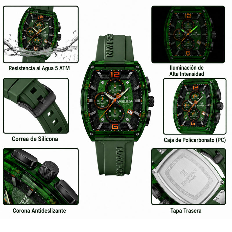 Naviforce Reloj Cronógrafo Verde con Detalles en Negro y Naranja, Correa de Silicona, Diámetro de 45 mm, Cristal Acrílico HD y Resistencia al Agua 5 ATM.