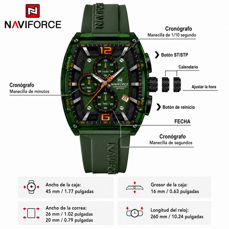 Naviforce Reloj Cronógrafo Verde con Detalles en Negro y Naranja, Correa de Silicona, Diámetro de 45 mm, Cristal Acrílico HD y Resistencia al Agua 5 ATM.