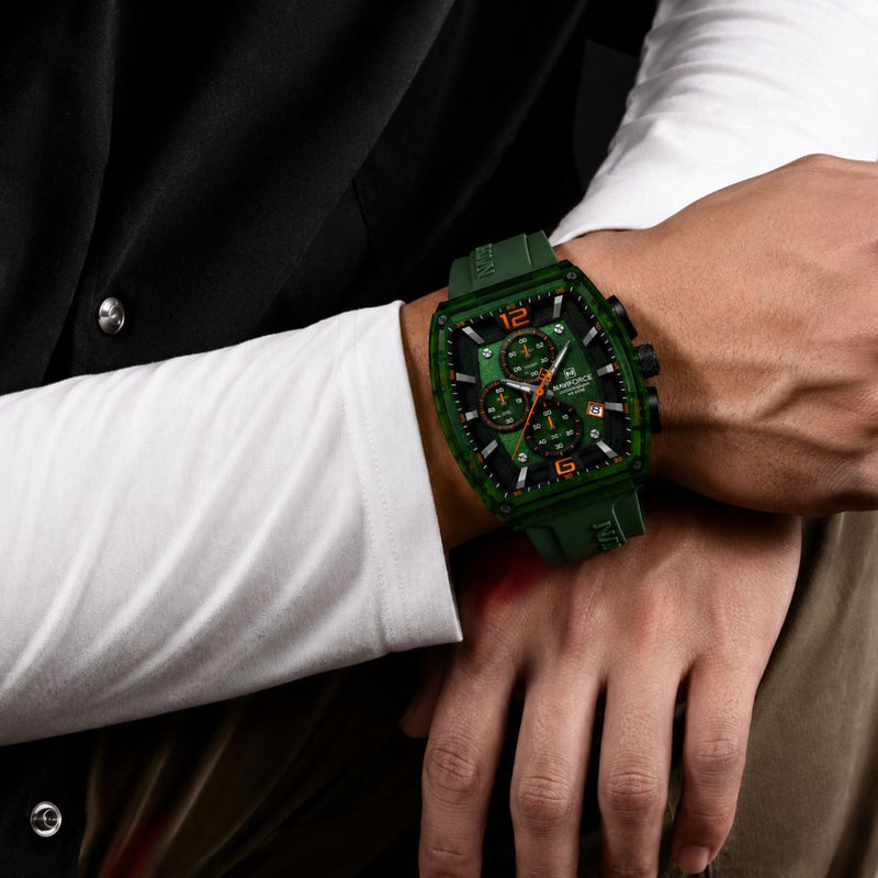 Naviforce Reloj Cronógrafo Verde con Detalles en Negro y Naranja, Correa de Silicona, Diámetro de 45 mm, Cristal Acrílico HD y Resistencia al Agua 5 ATM.