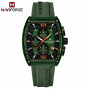 Naviforce Reloj Cronógrafo Verde con Detalles en Negro y Naranja, Correa de Silicona, Diámetro de 45 mm, Cristal Acrílico HD y Resistencia al Agua 5 ATM.