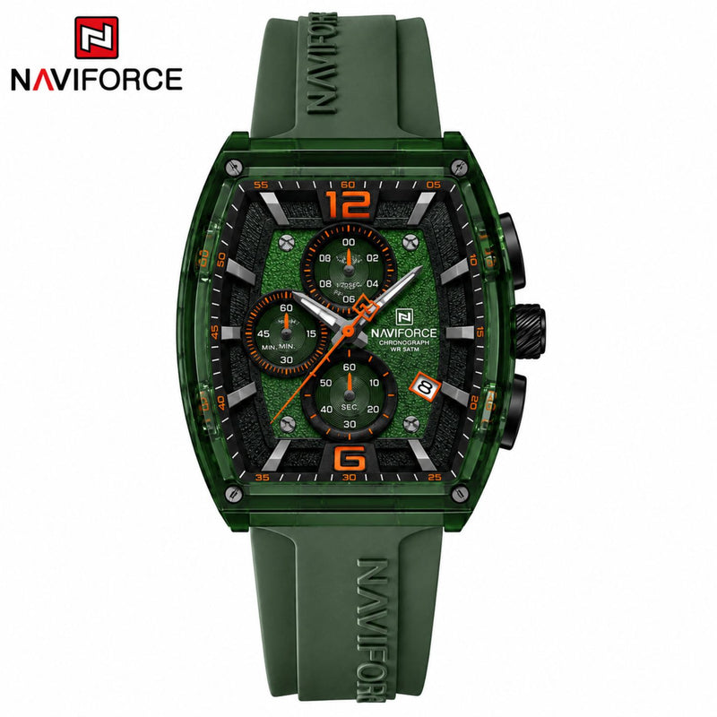 Naviforce Reloj Cronógrafo Verde con Detalles en Negro y Naranja, Correa de Silicona, Diámetro de 45 mm, Cristal Acrílico HD y Resistencia al Agua 5 ATM.