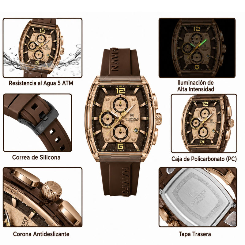 Naviforce Reloj Cronógrafo Marrón con Correa de Silicona, Diámetro de 45 mm, Cristal Acrílico HD y Resistencia al Agua 5 ATM.