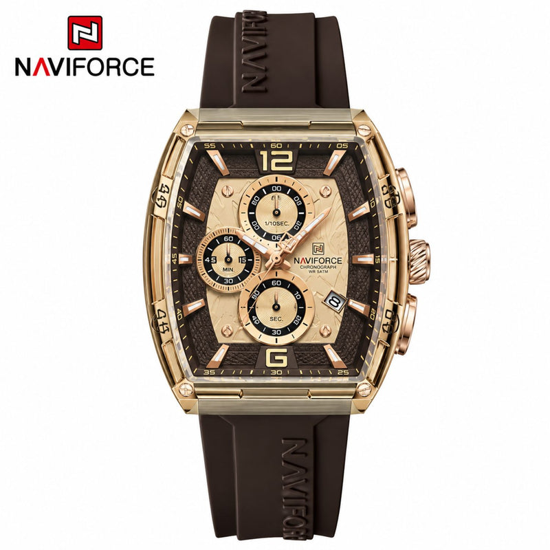 Naviforce Reloj Cronógrafo Marrón con Correa de Silicona, Diámetro de 45 mm, Cristal Acrílico HD y Resistencia al Agua 5 ATM.