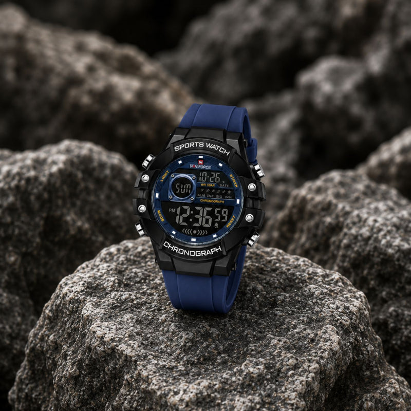 Naviforce Reloj Digital Azul con Negro, Correa de Silicona, Diámetro de 48 mm, Cristal Acrílico HD y Resistencia al Agua 5 ATM.