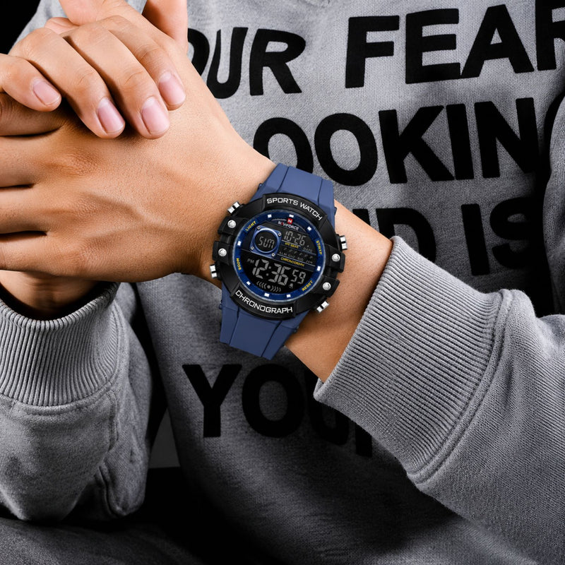 Naviforce Reloj Digital Azul con Negro, Correa de Silicona, Diámetro de 48 mm, Cristal Acrílico HD y Resistencia al Agua 5 ATM.