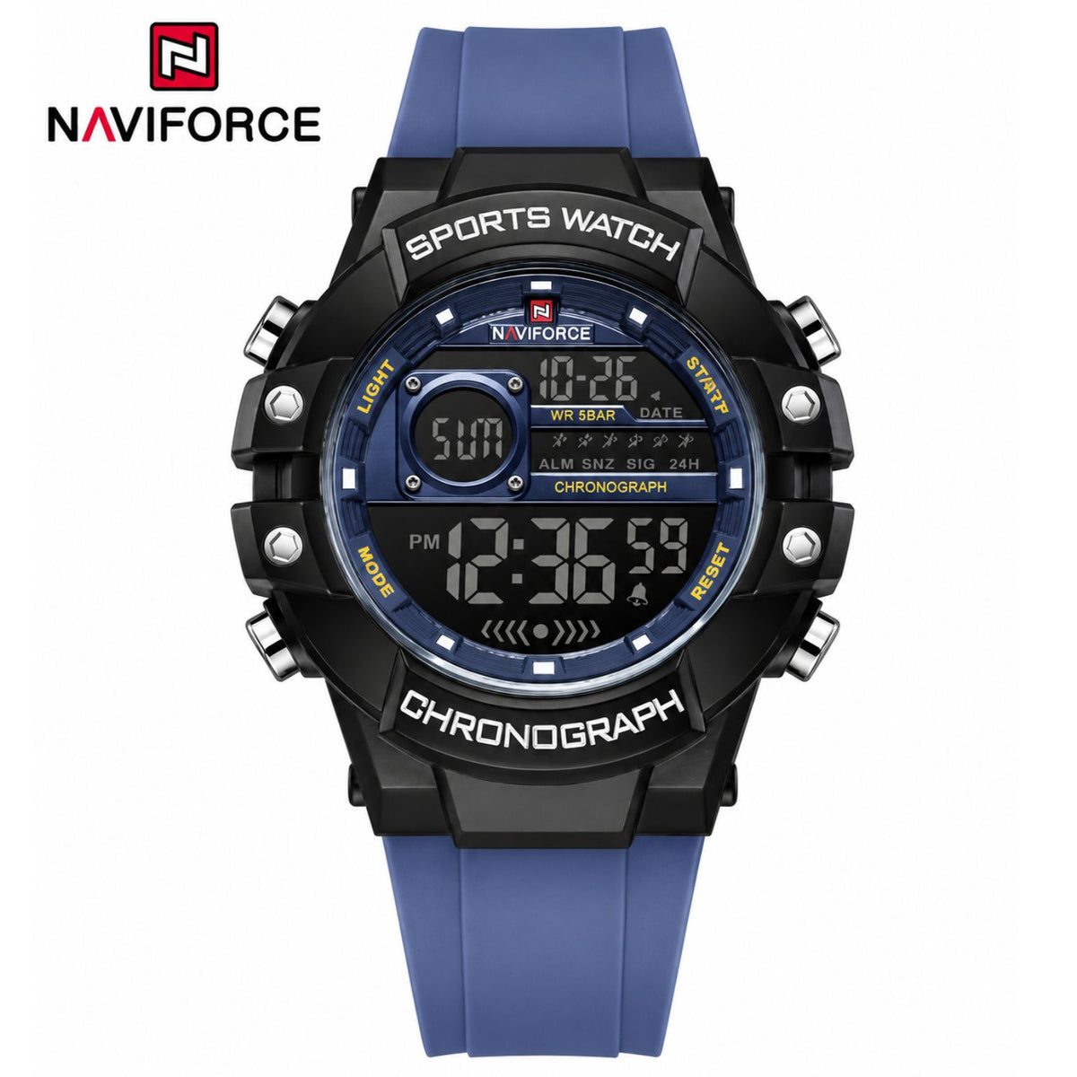 Naviforce Reloj Digital Azul con Negro, Correa de Silicona, Diámetro de 48 mm, Cristal Acrílico HD y Resistencia al Agua 5 ATM.