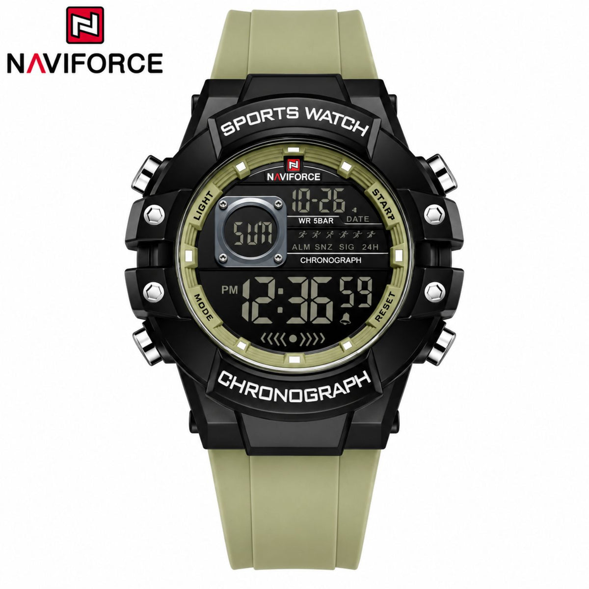 Naviforce Reloj Digital Verde con Negro, Correa de Silicona, Diámetro de 48 mm, Cristal Acrílico HD y Resistencia al Agua 5 ATM.