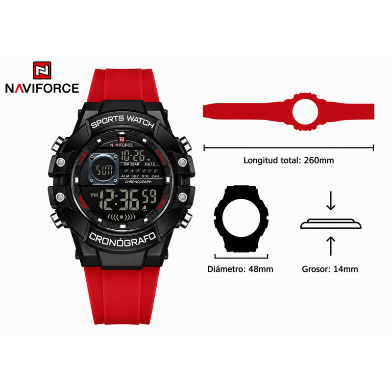 Naviforce Reloj Digital Rojo con Negro, Correa de Silicona, Diámetro de 48 mm, Cristal Acrílico HD y Resistencia al Agua 5 ATM.