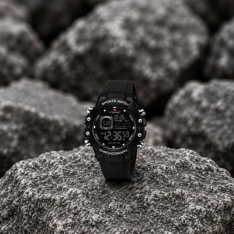Naviforce Reloj Digital Negro con Blanco, Correa de Silicona, Diámetro de 48 mm, Cristal Acrílico HD y Resistencia al Agua 5 ATM.