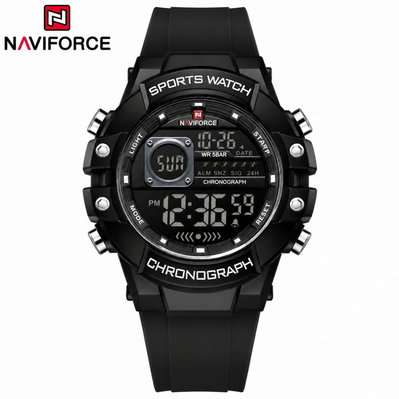 Naviforce Reloj Digital Negro con Blanco, Correa de Silicona, Diámetro de 48 mm, Cristal Acrílico HD y Resistencia al Agua 5 ATM.
