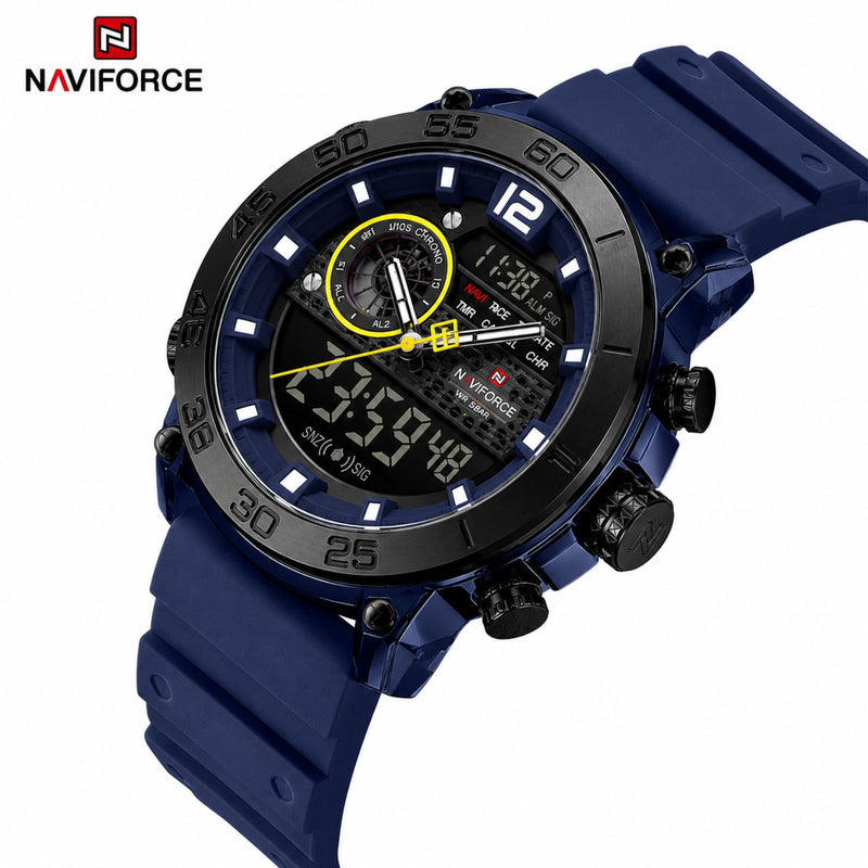 Naviforce Reloj Analógico y Digital Azul con Correa de Silicona, Diámetro de 45 mm, Cristal Acrílico HD y Resistencia al Agua 5 ATM.