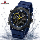 Naviforce Reloj Analógico y Digital Azul con Correa de Silicona, Diámetro de 45 mm, Cristal Acrílico HD y Resistencia al Agua 5 ATM.