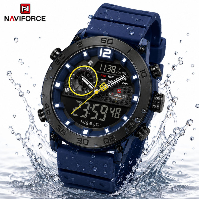 Naviforce Reloj Analógico y Digital Azul con Correa de Silicona, Diámetro de 45 mm, Cristal Acrílico HD y Resistencia al Agua 5 ATM.