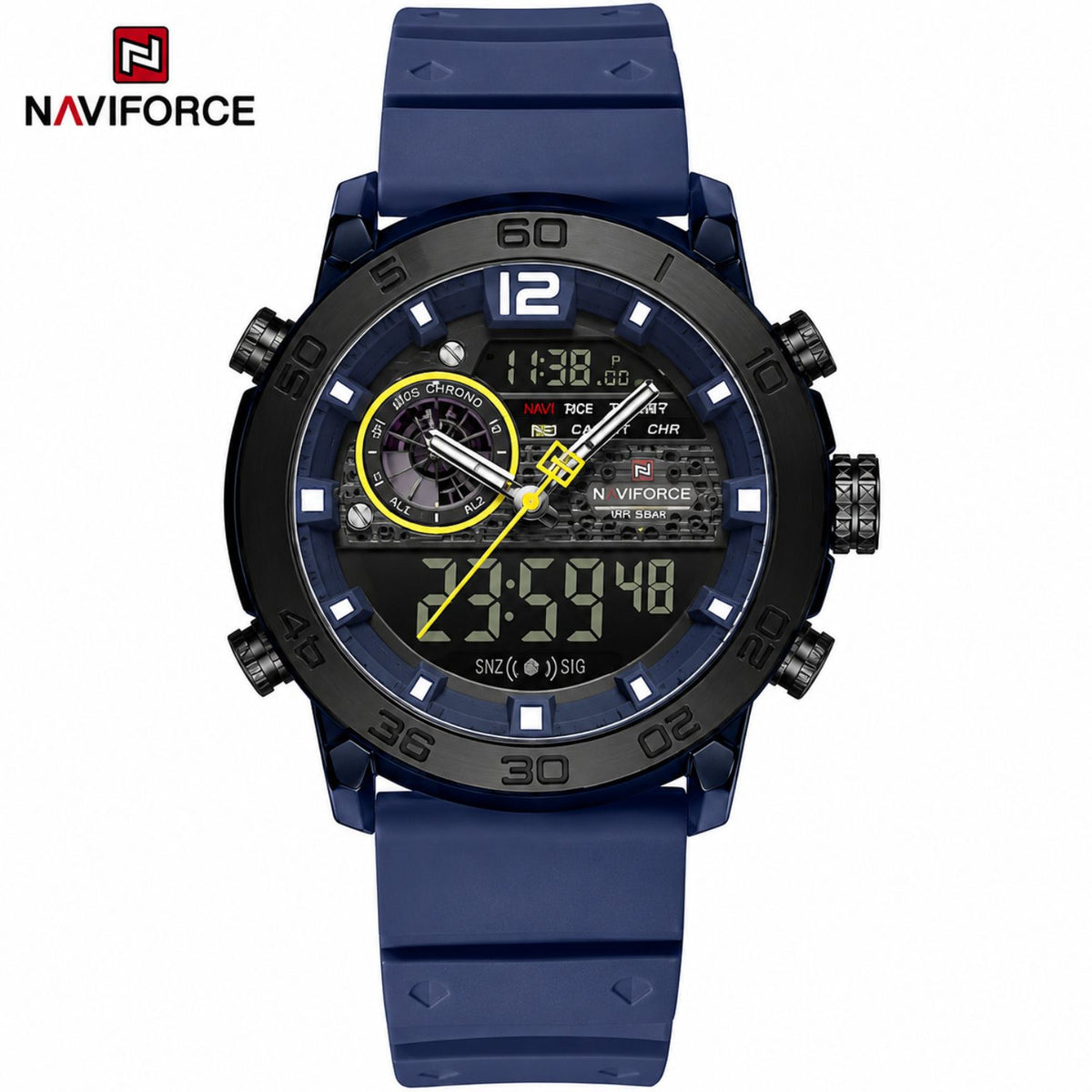 Naviforce Reloj Analógico y Digital Azul con Correa de Silicona, Diámetro de 45 mm, Cristal Acrílico HD y Resistencia al Agua 5 ATM.