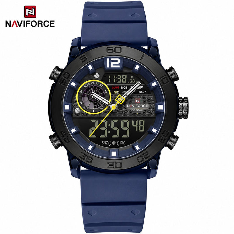 Naviforce Reloj Analógico y Digital Azul con Correa de Silicona, Diámetro de 45 mm, Cristal Acrílico HD y Resistencia al Agua 5 ATM.