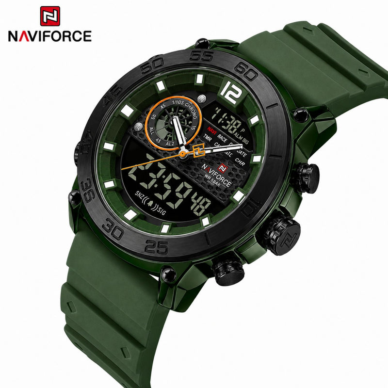 Naviforce Reloj Analógico y Digital Verde con Correa de Silicona, Diámetro de 45 mm, Cristal Acrílico HD y Resistencia al Agua 5 ATM.