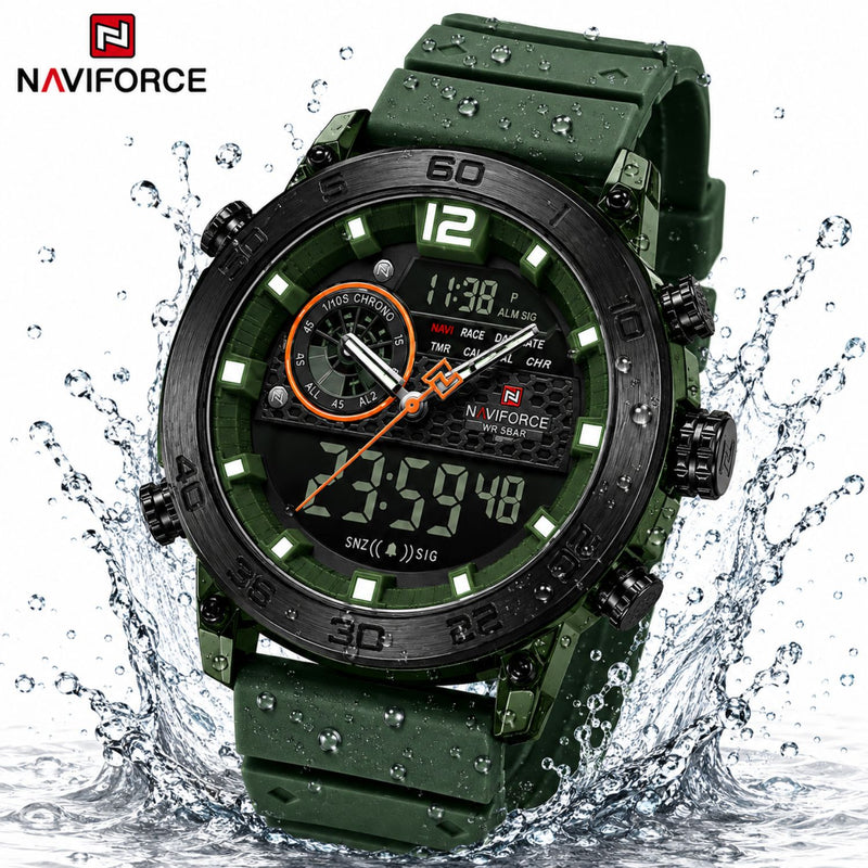 Naviforce Reloj Analógico y Digital Verde con Correa de Silicona, Diámetro de 45 mm, Cristal Acrílico HD y Resistencia al Agua 5 ATM.