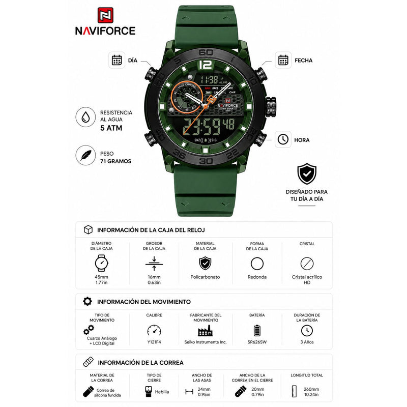 Naviforce Reloj Analógico y Digital Verde con Correa de Silicona, Diámetro de 45 mm, Cristal Acrílico HD y Resistencia al Agua 5 ATM.