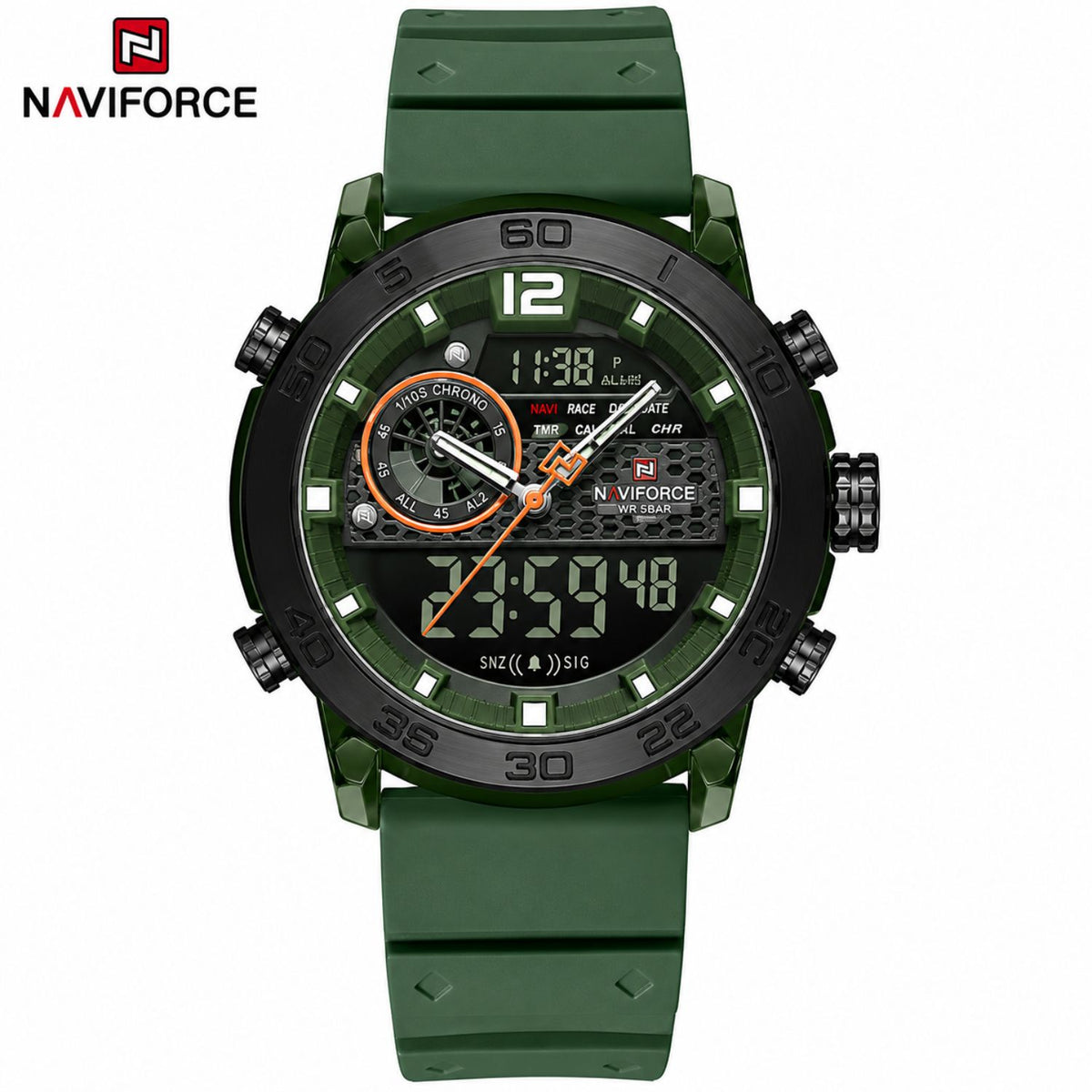Naviforce Reloj Analógico y Digital Verde con Correa de Silicona, Diámetro de 45 mm, Cristal Acrílico HD y Resistencia al Agua 5 ATM.